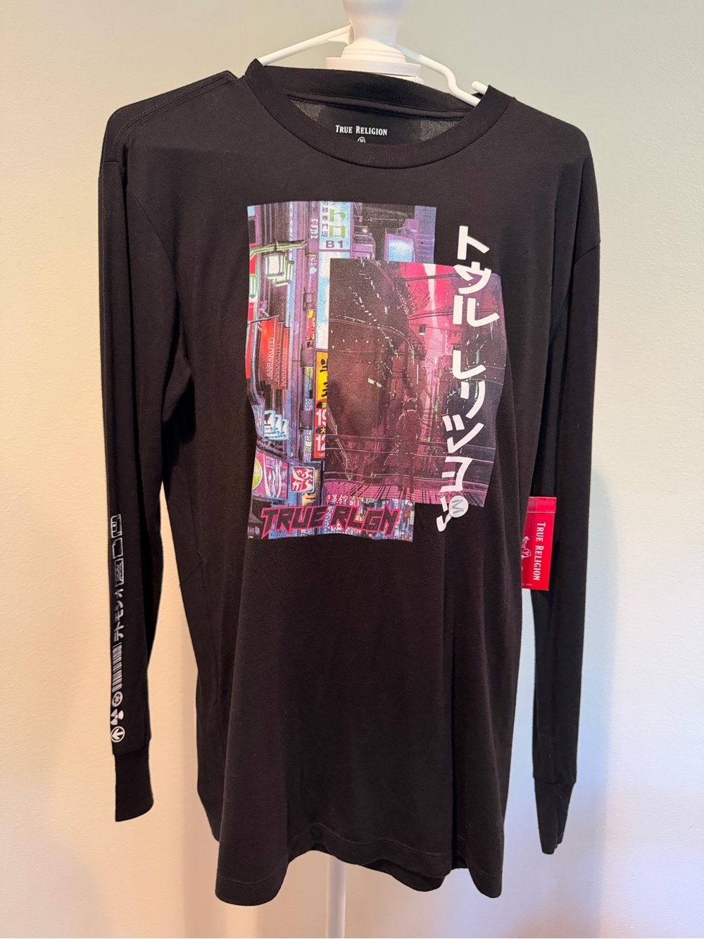 True Religion Black Long Sleeve Tee with Red Tag Accent